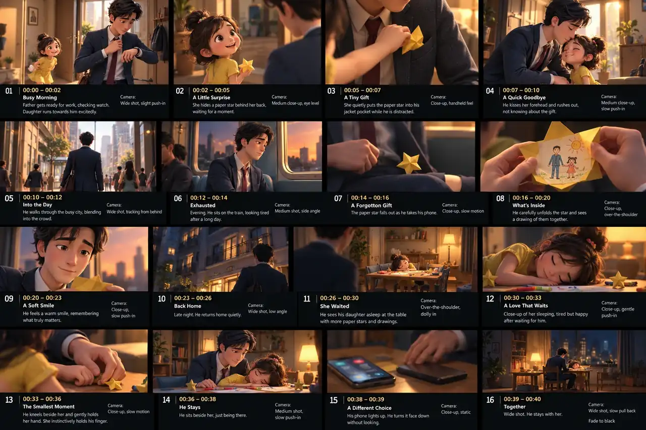The original 16-panel storyboard for A Father’s Paper Star, showing the planned story over 40 seconds.