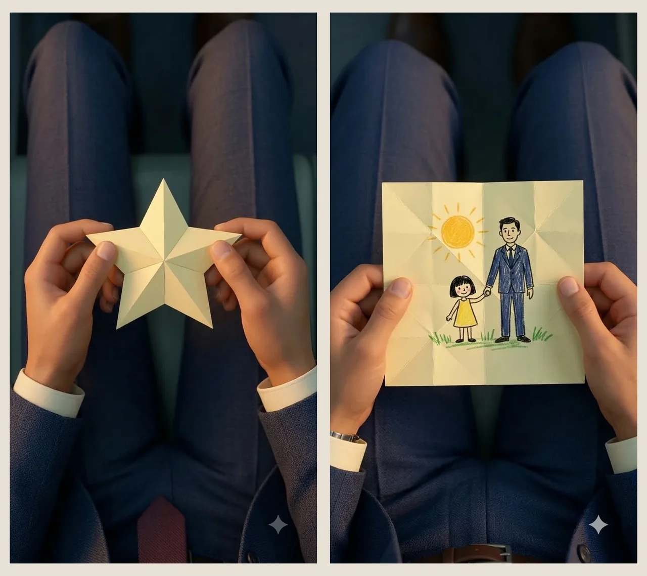 Two full portrait images show the folded yellow paper star and the opened drawing of a father and daughter.