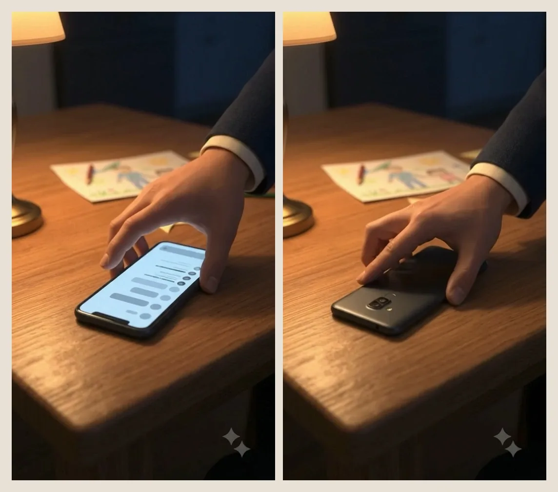Two frames from the finished reel show the phone screen facing up, then resting face down on the table.